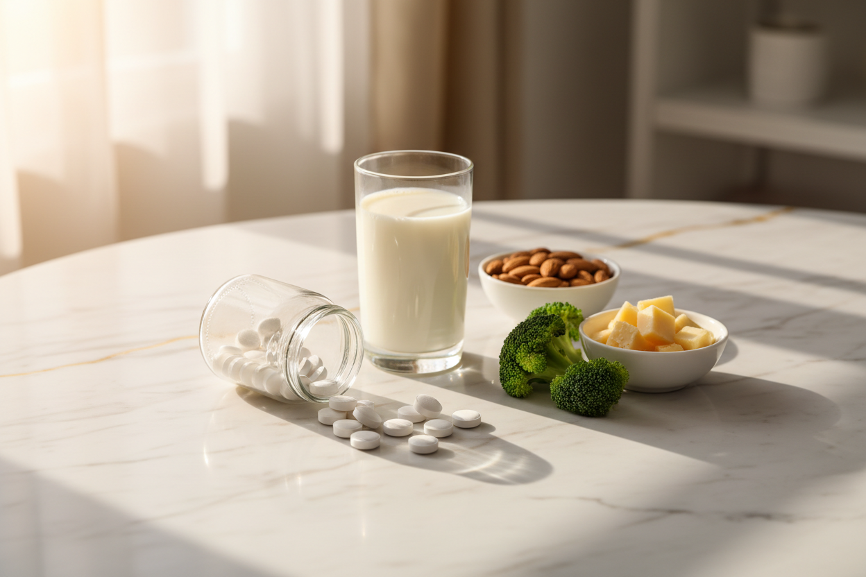 Calcium supplement tablets spilling from a glass jar beside a glass of milk, fresh broccoli, almonds, and cheese on a white marble surface — natural food sources of calcium alongside Caltrate 600 + D3 supplements