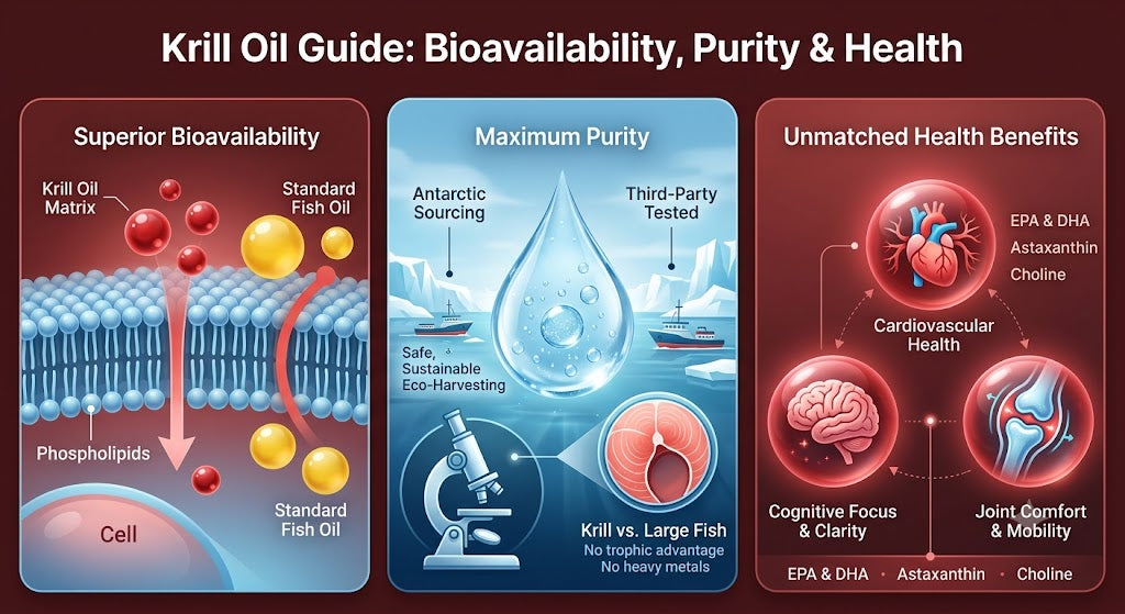 Infographic explaining Krill Oil benefits, showing superior phospholipid bioavailability, Antarctic purity with no heavy metals, and health benefits for heart, brain, and joints.