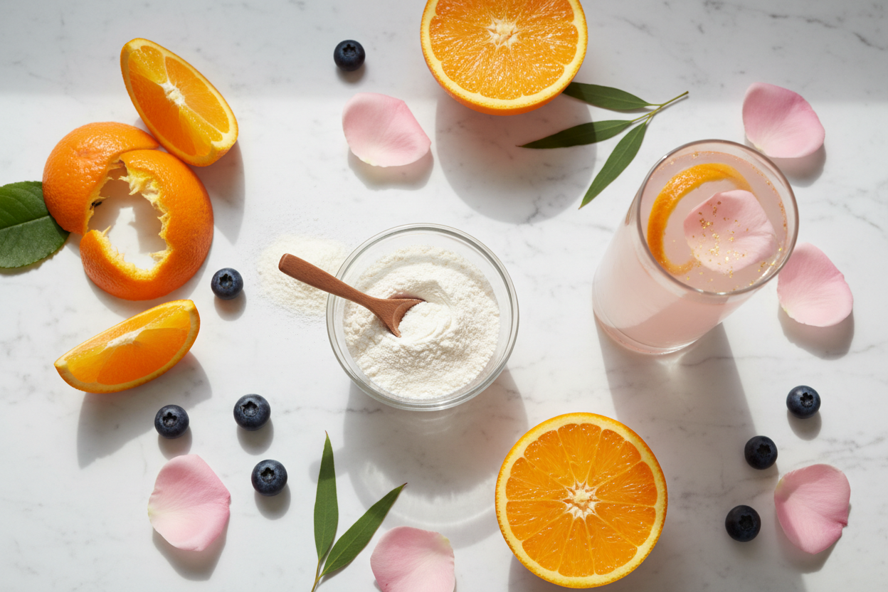 White collagen peptide powder in glass bowl with wooden spoon fresh orange slices blueberries pink rose petals and collagen drink on white marble - NeoCell Advanced Collagen Peptides Triple-Action Anti-Aging Beauty Supplement - Buy in Pakistan Docxora