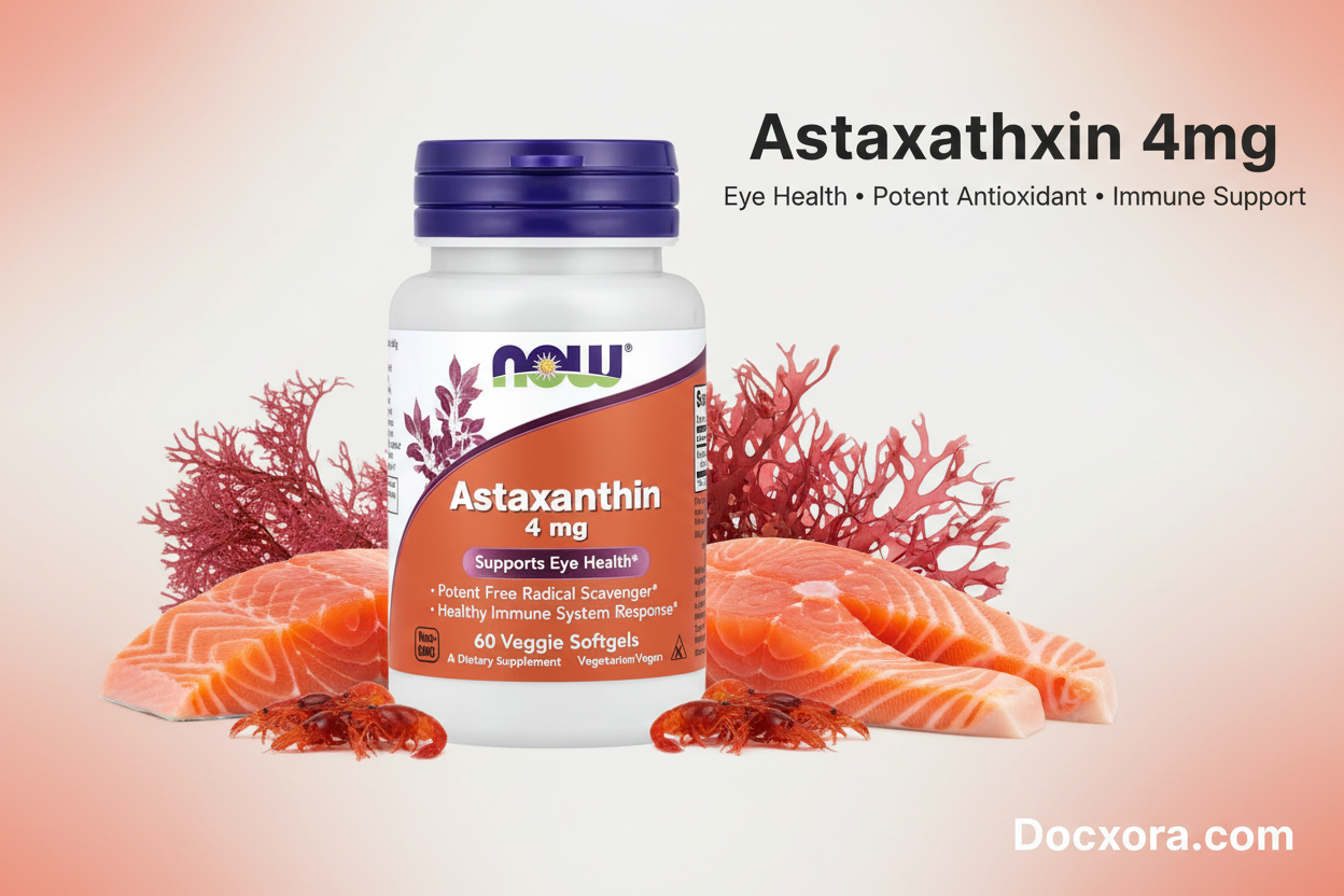 Astaxanthin 4mg", "Eye Health • Potent Antioxidant • Immune Support", and "Docxora.com