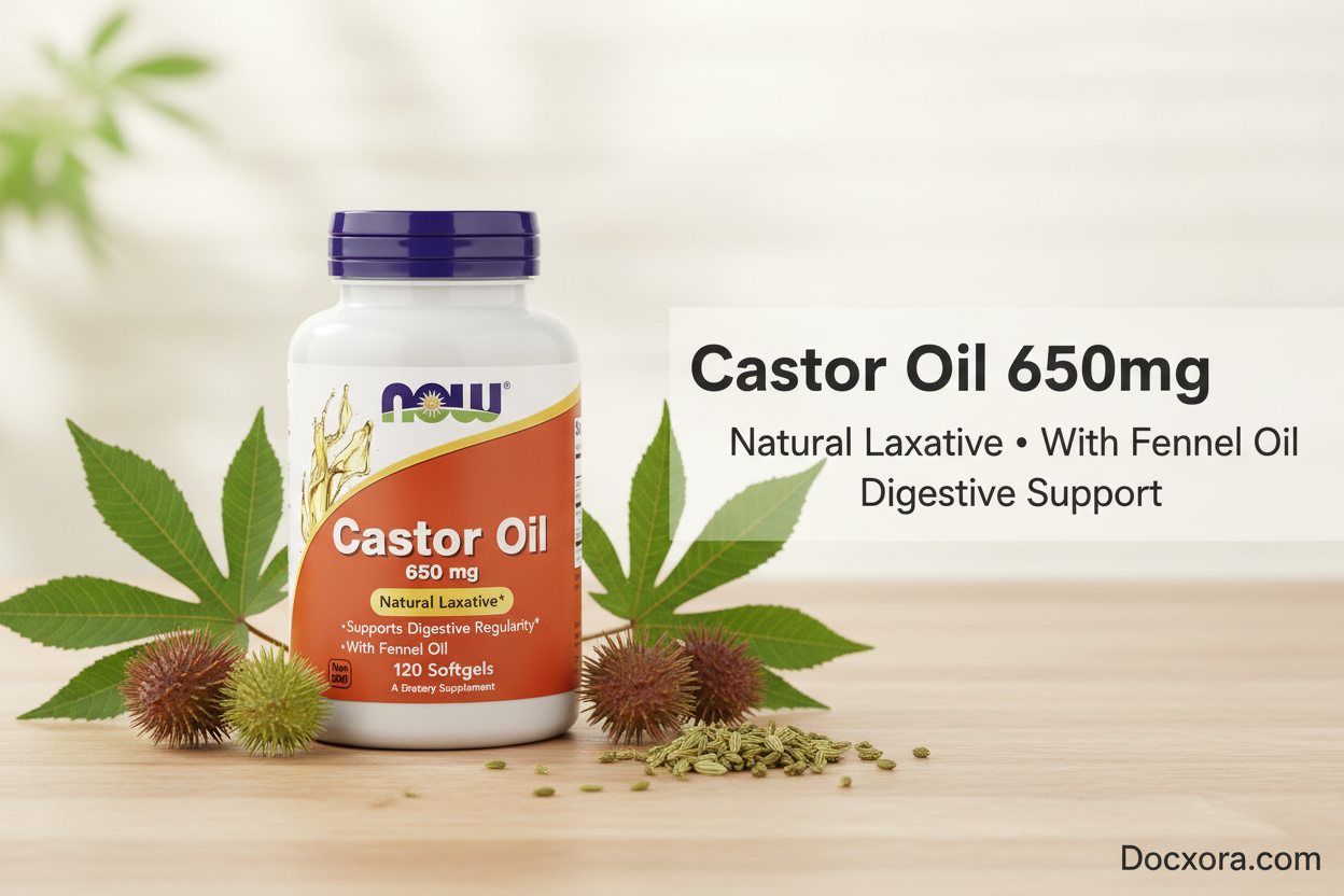 Castor Oil 650mg", "Natural Laxative • With Fennel Oil • Digestive Support", and "Docxora.com