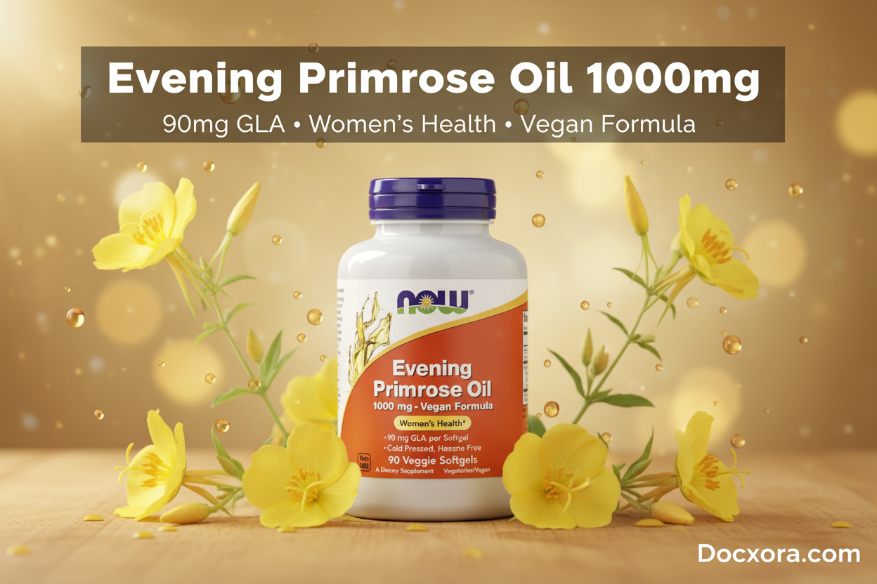 Evening Primrose Oil 1000mg", "90mg GLA • Women's Health • Vegan Formula", and "Docxora.com