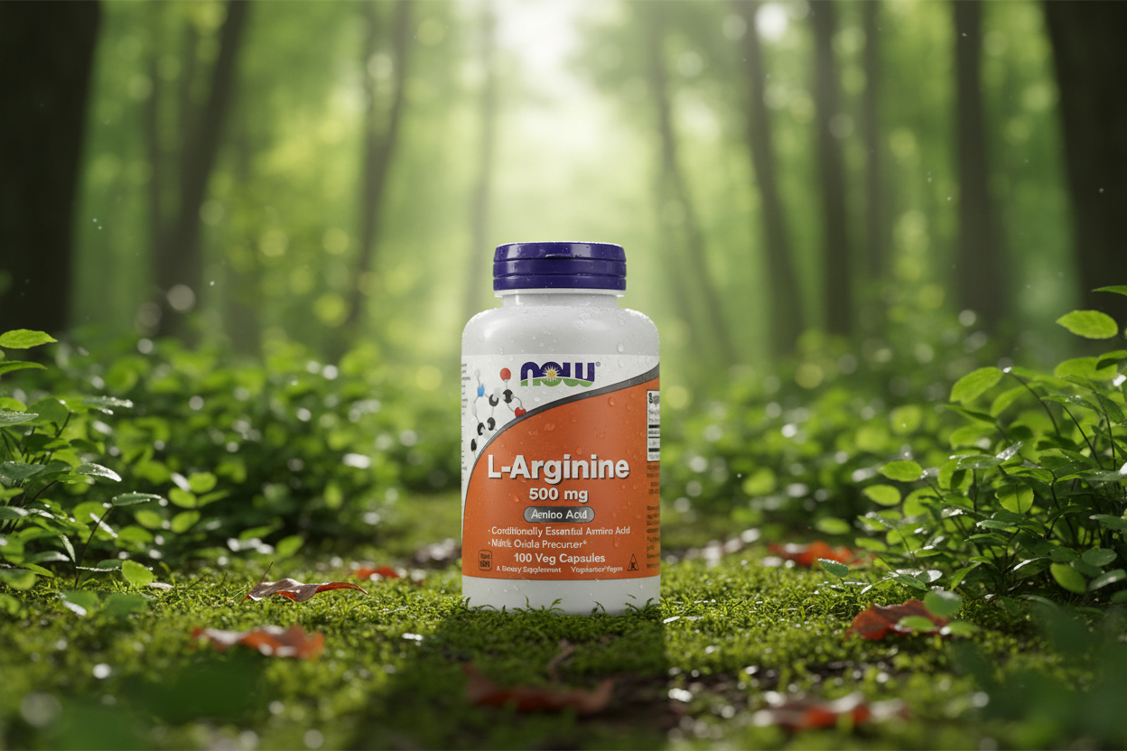 NOW Foods L-Arginine 500mg Veg Capsules supplement bottle placed in a lush green forest, natural wellness product photography