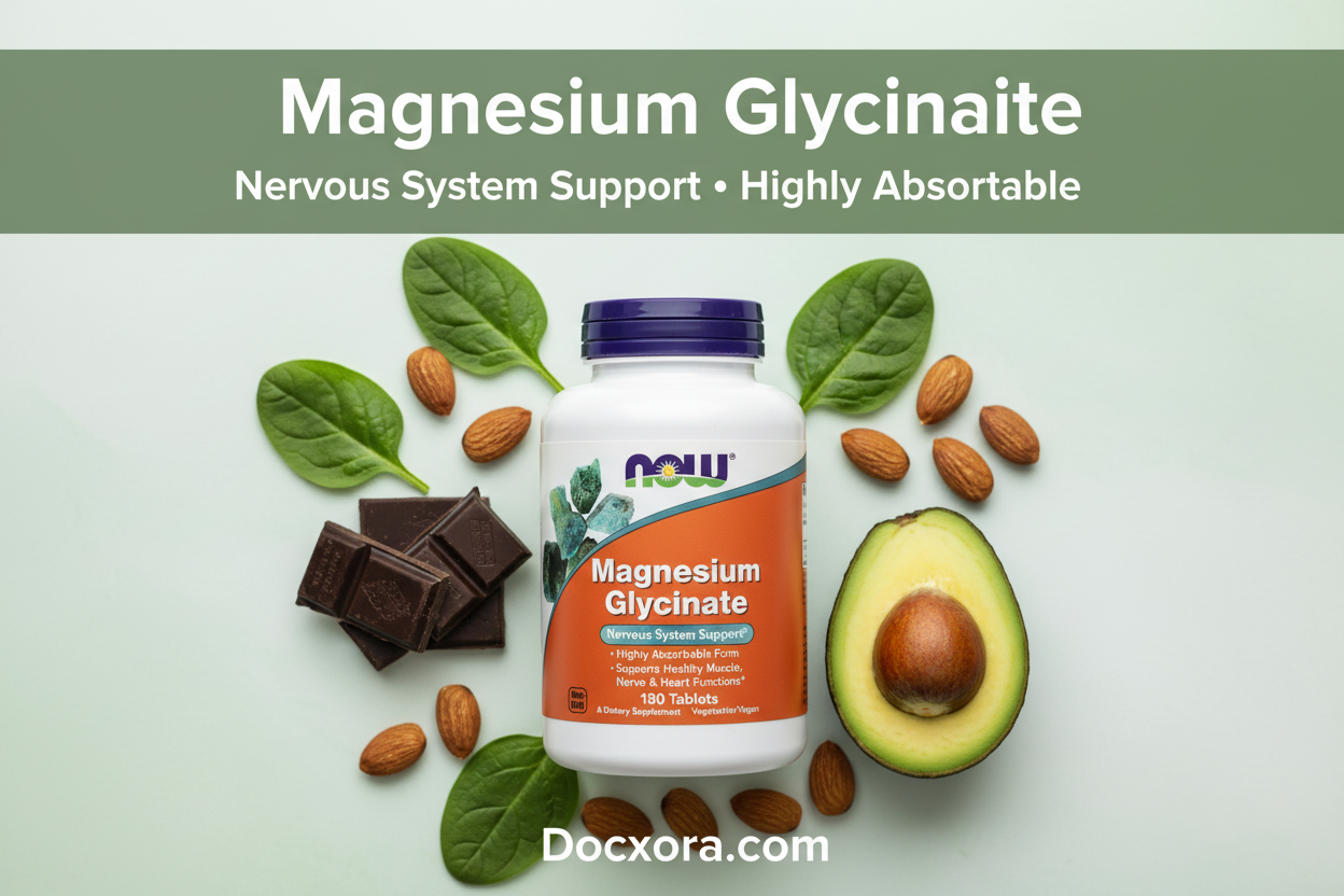 Magnesium Glycinate", "Nervous System Support • Highly Absorbable", and "Docxora.com
