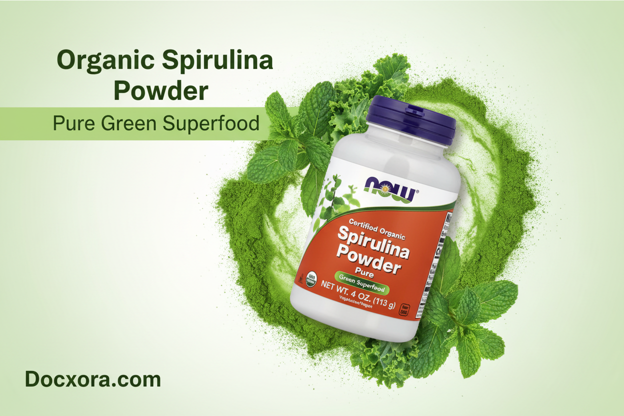 NOW Certified Organic Spirulina Powder 4 oz bottle surrounded by fresh green herbs and spirulina powder splash — pure green superfood available at Docxora.com Pakistan