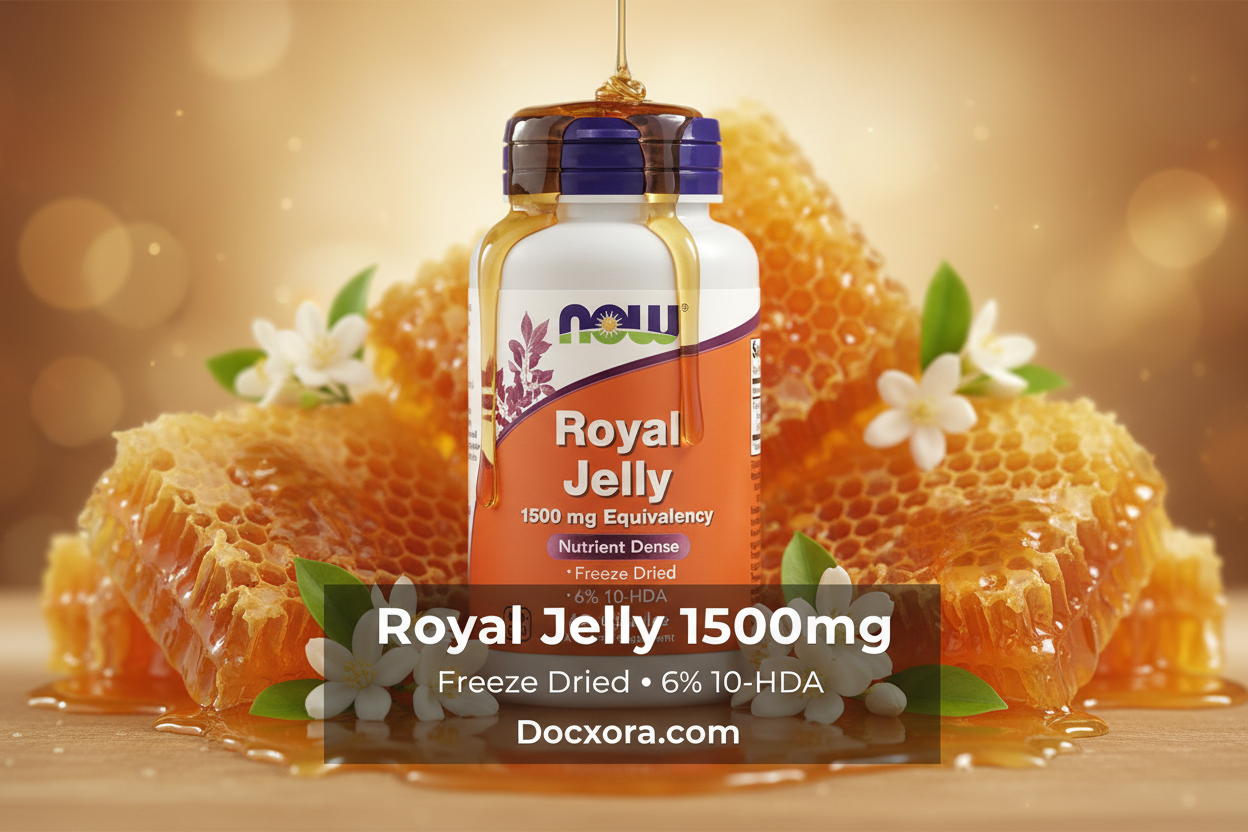 Royal Jelly 1500mg", "Freeze Dried • 6% 10-HDA", and "Docxora.com