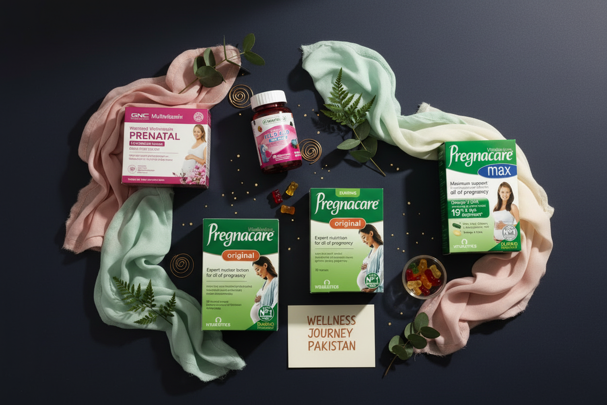 Prenatal supplements in Pakistan — complete guide featuring Vitabiotics Pregnacare, GNC Prenatal Iron, and Nutrifactor Yumfolic Gummies available at docxora.com