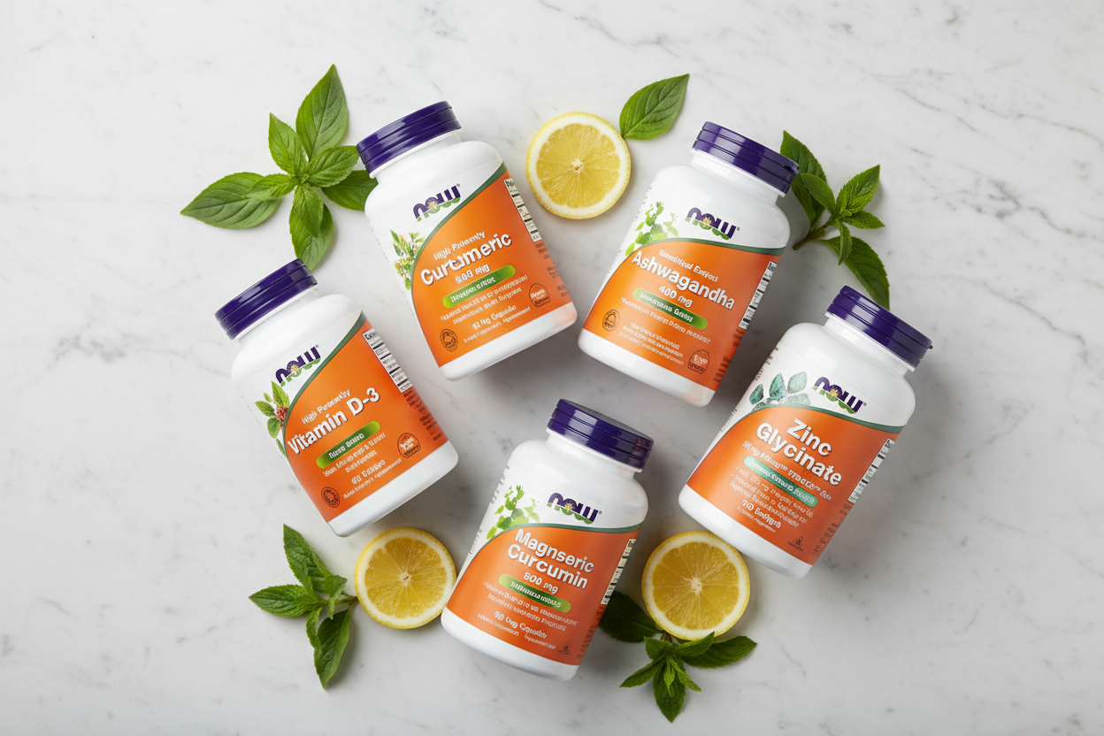 Premium health supplements flat lay featuring NOW Foods Vitamin D-3, Turmeric Curcumin, Ashwagandha, Magnesium Glycinate, and Zinc Glycinate bottles on a white marble surface — The Complete Guide to Supplements in Pakistan 2026 by Docxora.com