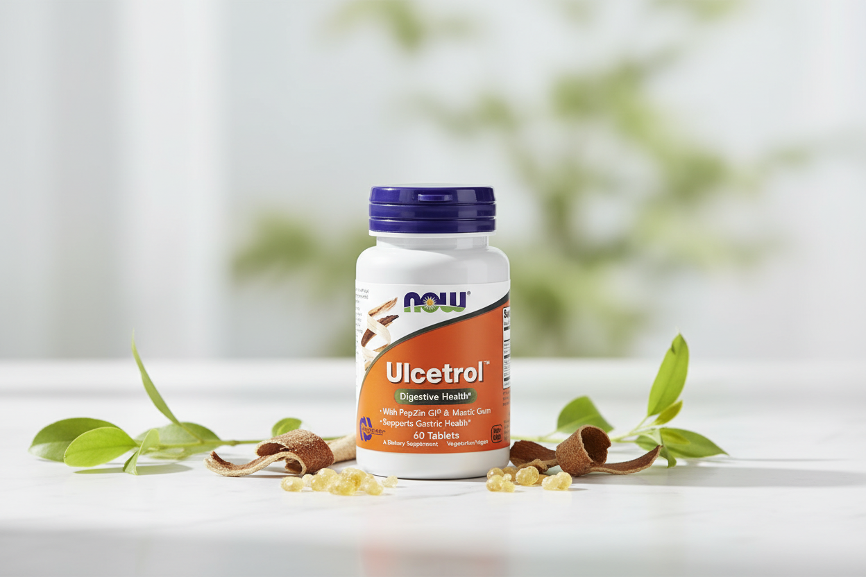 NOW Foods Ulcetrol digestive health supplement bottle surrounded by lush green forest, supporting gastric wellness naturally