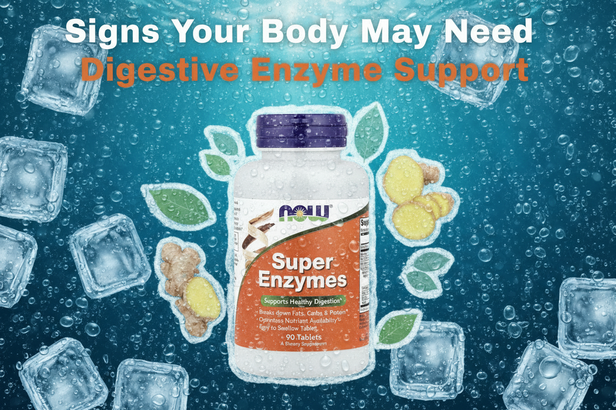 Signs Your Body May Need Digestive Enzyme Support - NOW Super Enzymes 90 Tablets with ice water background - Digestive Health Supplement available in Pakistan at docxora.com