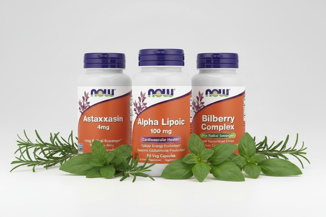 NOW Antioxidant Supplements in Pakistan - Astaxanthin, Alpha Lipoic Acid and Bilberry Complex bottles with fresh herbs on white background