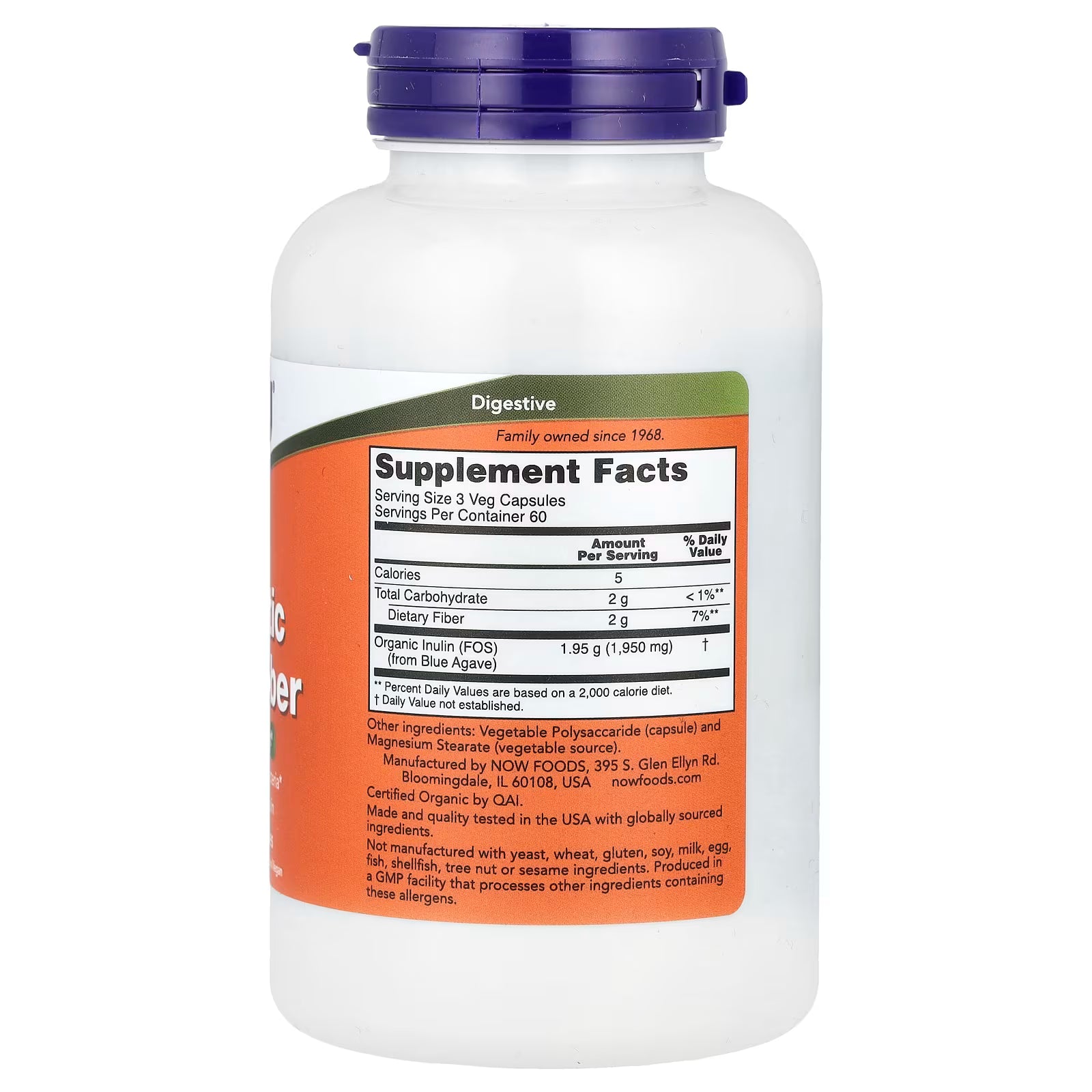 NOW Foods Prebiotic Inulin Fiber Supplement Facts - Serving Size 3 Veg Capsules, Organic Inulin FOS 1950mg from Blue Agave, Dietary Fiber 2g, Certified Organic by QAI, GMP Quality Assured, Family Owned Since 1968 - docxora.com
