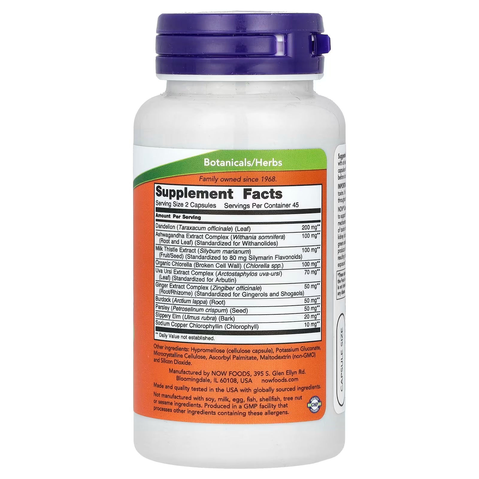 NOW Foods Detox & Cleanse Supplement Facts — Dandelion, Ashwagandha, Milk Thistle, Chlorella, Uva Ursi, Ginger, Burdock, Parsley, Slippery Elm, Chlorophyllin — 90 Capsules
