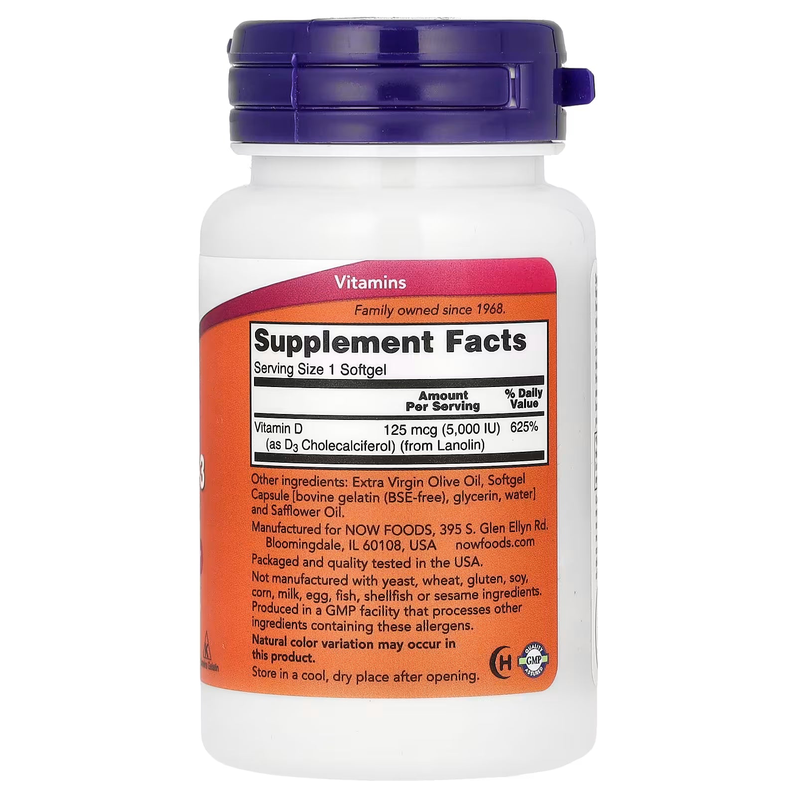 NOW Foods Vitamin D-3 5000 IU Supplement Facts - Vitamin D 125mcg from D3 Cholecalciferol Lanolin - Extra Virgin Olive Oil Softgel - GMP Certified Family Owned Since 1968 - docxora.com