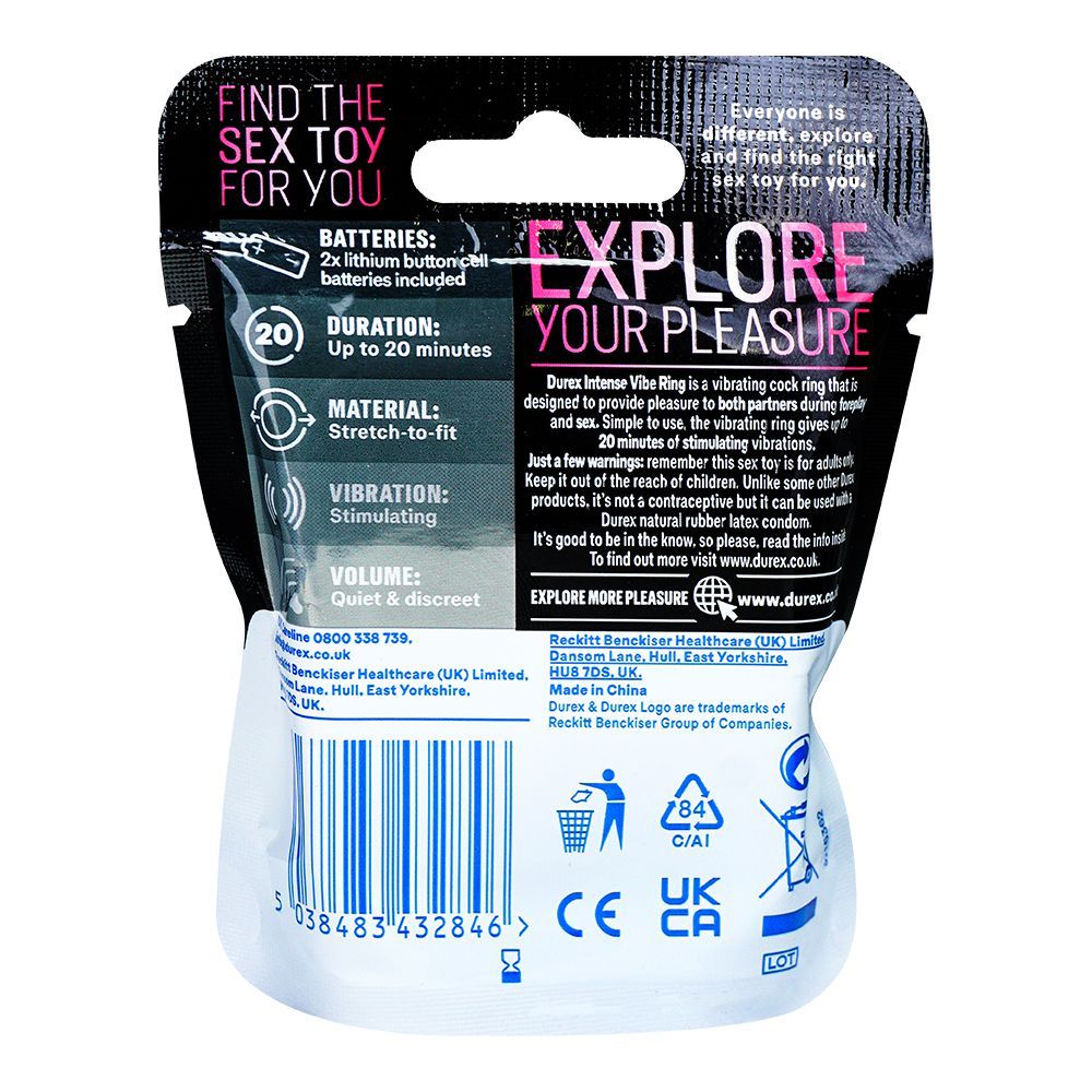 Durex Intense Vibe Ring Back Packaging – 2x Lithium Batteries Included, Up to 20 Min Duration, CE & UK CA Marked – docxora.com Pakistan