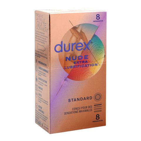 Durex Nude Extra Lubrication Standard Condoms 8 Pack – Ultra Thin, Maximum Sensation, Natural Rubber Latex, Peach/Gold Box Front View – Available at docxora.com Pakistan