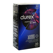 Durex Perfect Gliss Large Breed Condoms 10 Pack – Extra Lubricated, Natural Rubber Latex, Dark Blue Box Front View – Available at docxora.com Pakistan
