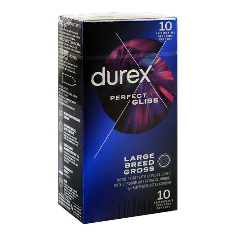 Durex Perfect Gliss Large Breed Condoms 10 Pack – Extra Lubricated, Natural Rubber Latex, Dark Blue Box Front View – Available at docxora.com Pakistan