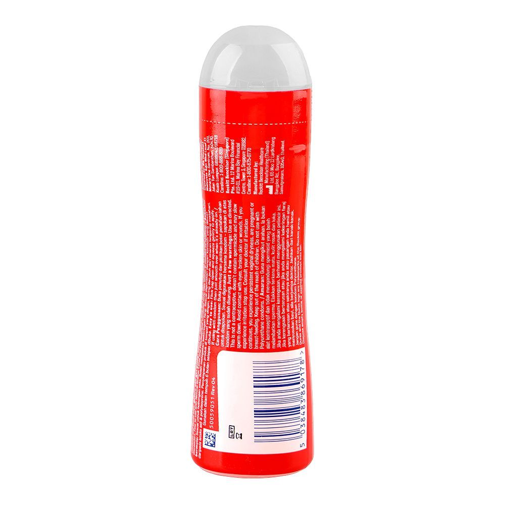 Back label of Durex Play Strawberry Lubricant 100ml bottle, showing product information and barcode, available at docxora.com Pakistan
