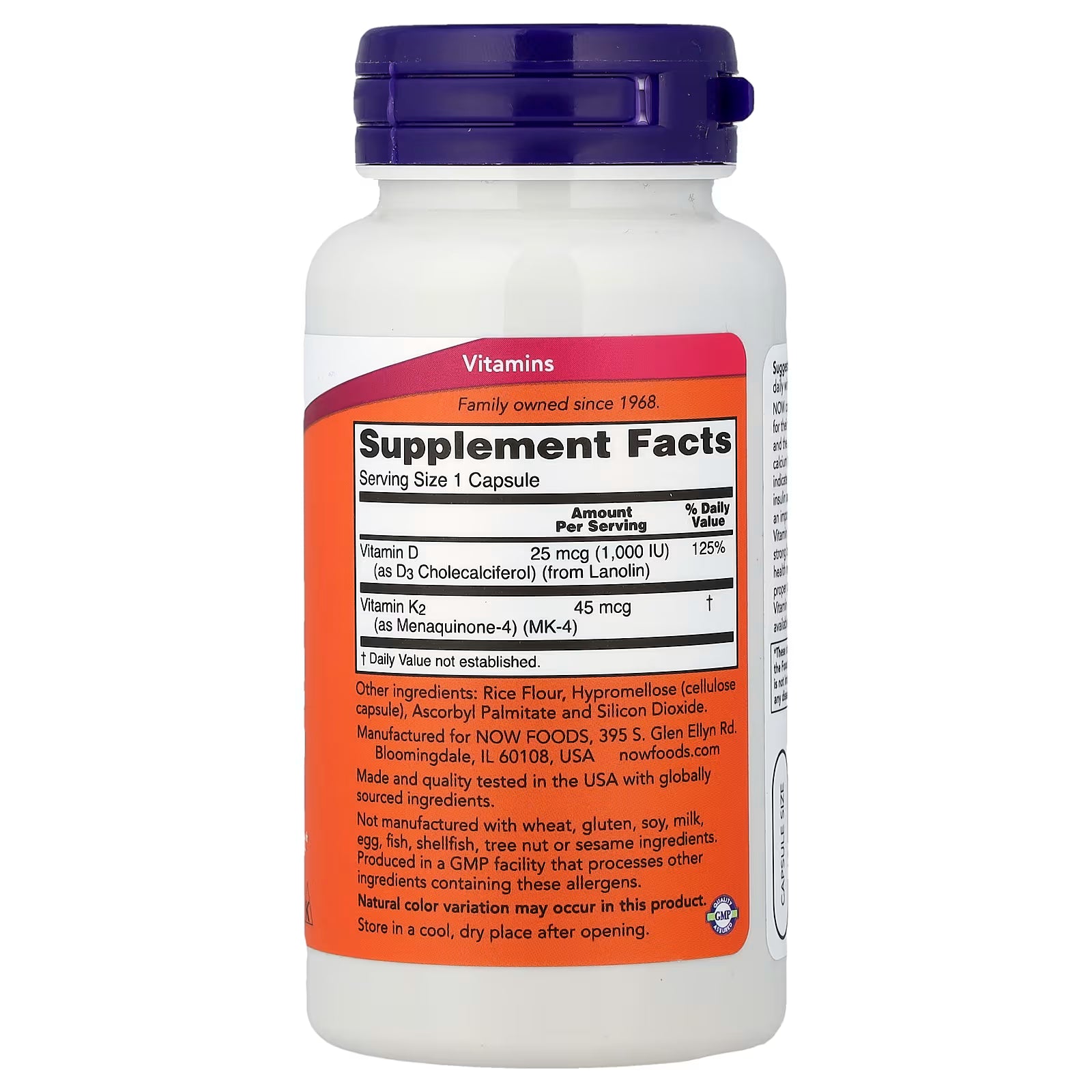 NOW Foods Vitamin D3 & K2 Supplement Facts – Vitamin D3 Cholecalciferol 1000 IU, Vitamin K2 Menaquinone-4 45mcg, GMP Certified, Made in USA – docxora.com
