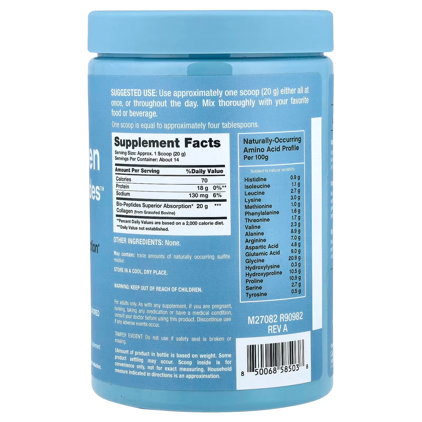 NeoCell Collagen Bio-Peptides Protein Supplement Facts – Serving Size 1 Scoop 20g, 14 Servings, 70 Calories, 18g Protein, Bio-Peptides Superior Absorption 20g Collagen from Grassfed Bovine, No Other Ingredients, Complete Amino Acid Profile, Unflavored, 10 oz
