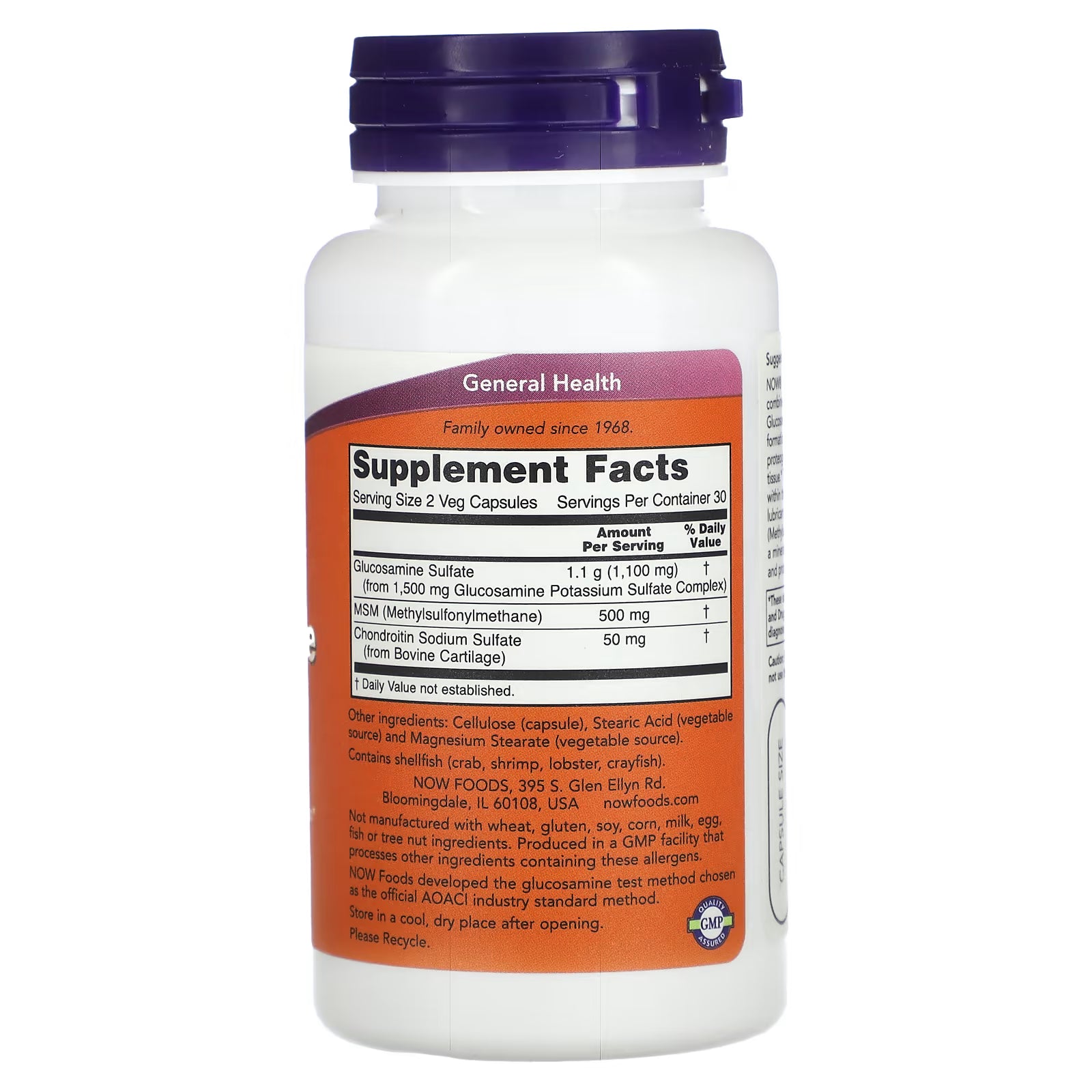 NOW Foods Glucosamine & MSM Supplement Facts - Serving Size 2 Veg Capsules, Glucosamine Sulfate 1100mg, MSM 500mg, Chondroitin Sodium Sulfate 50mg from Bovine Cartilage, GMP Certified, Made in USA - docxora.com
