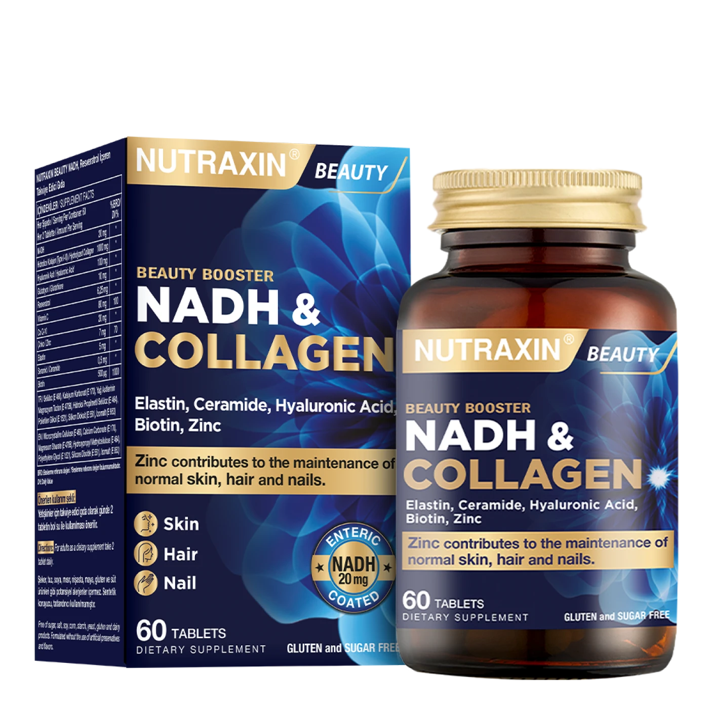 Nutraxin Beauty NADH & Collagen 60 Tablets – Beauty Booster with Elastin, Ceramide, Hyaluronic Acid, Biotin & Zinc for Skin, Hair & Nails – Available at docxora.com Pakistan