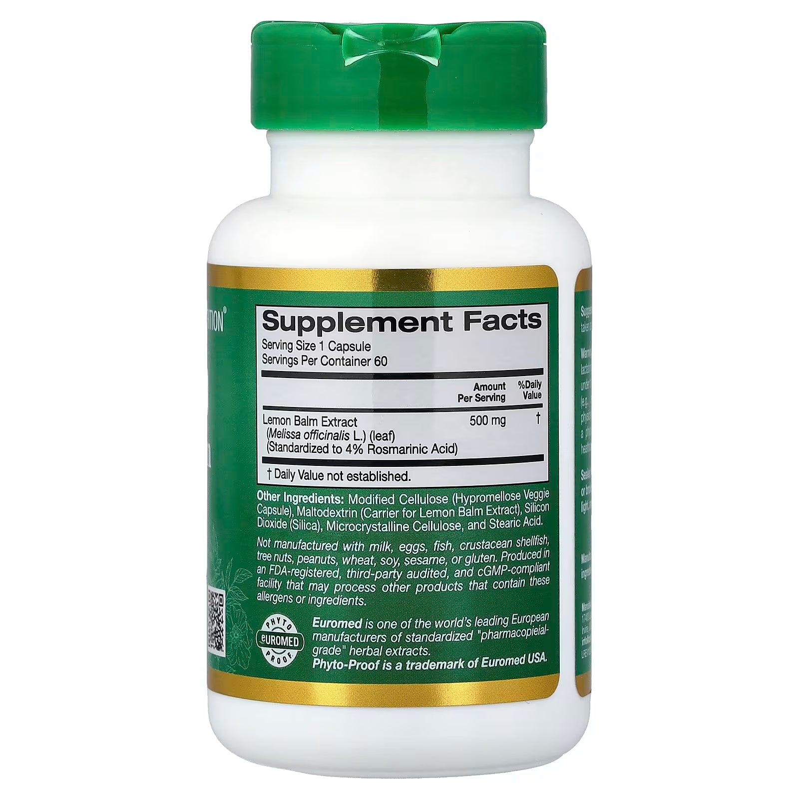 California Gold Nutrition Lemon Balm Extract Supplement Facts – 500mg Melissa officinalis 4% Rosmarinic Acid, Euromed Quality, cGMP Certified – docxora.com
