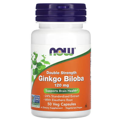 NOW Foods Ginkgo Biloba 120mg Double Strength - 50 Veg Capsules - 24% Standardized Extract with Eleuthero Root - Supports Brain Health - Non-GMO Verified - Vegetarian Vegan Dietary Supplement
