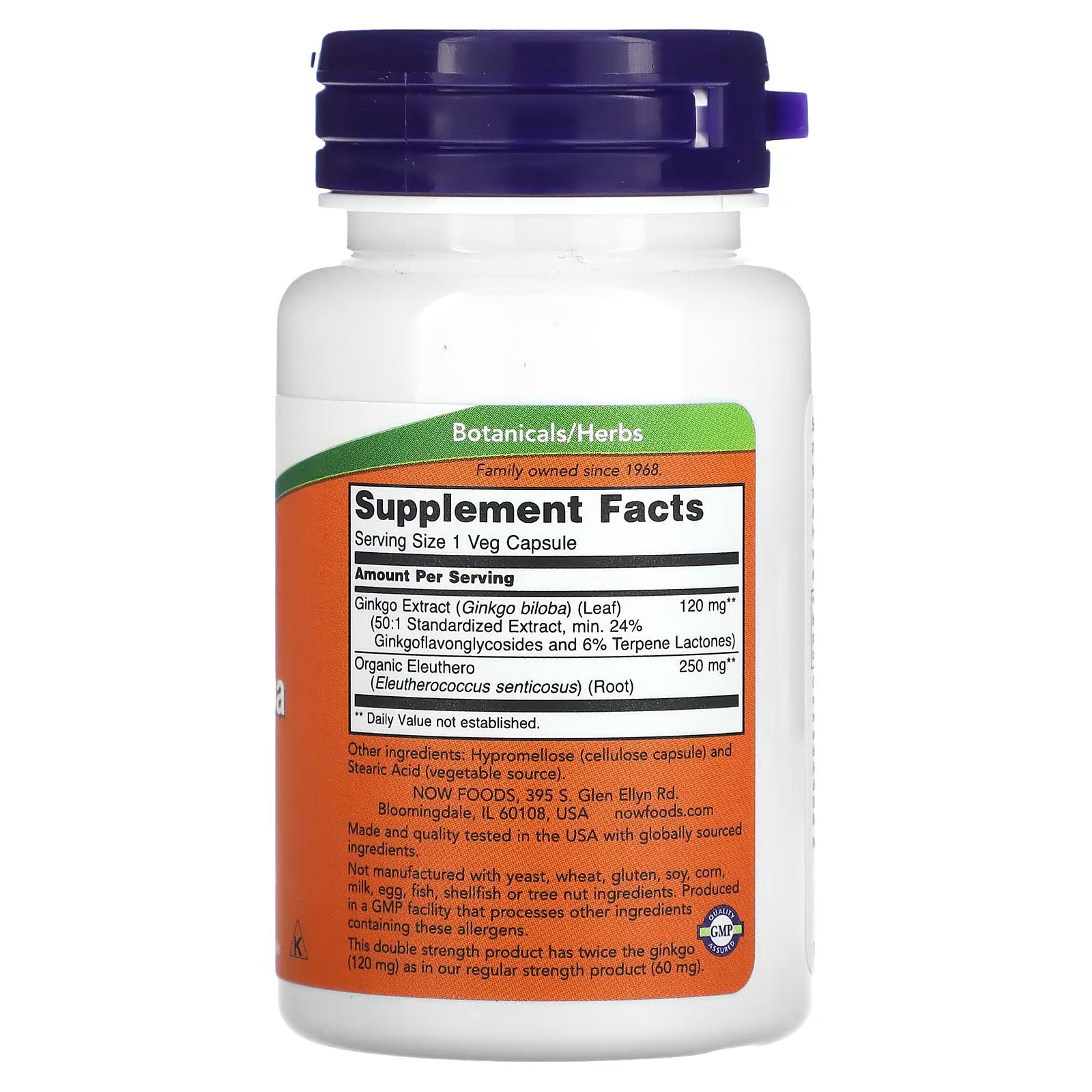 NOW Foods Ginkgo Biloba 120mg Supplement Facts - Serving Size 1 Veg Capsule - Ginkgo Extract 120mg (50:1 Standardized, 24% Ginkgoflavonglycosides, 6% Terpene Lactones) - Organic Eleuthero Root 250mg - GMP Certified - Made in USA - Gluten Free Soy Free