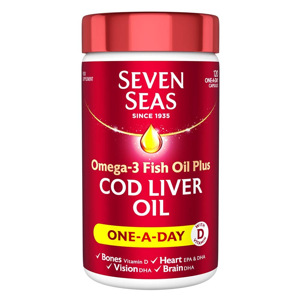 Seven Seas Omega-3 Fish Oil Plus Cod Liver Oil One-A-Day 120 Capsules – Vitamin D for Bones, EPA & DHA for Heart, Vision & Brain – Since 1935 – Available at DocXora Pakistan