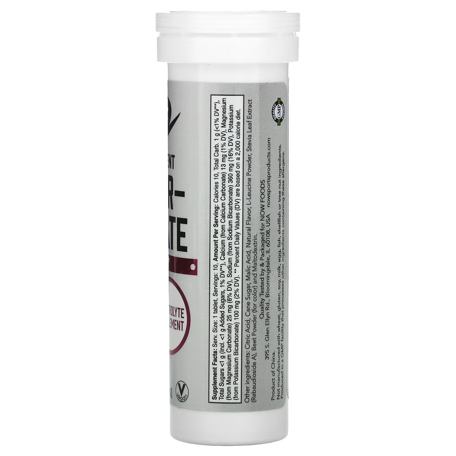 NOW Sports Effer-Hydrate Mixed Berry Supplement Facts - Calcium 13mg Magnesium 25mg Sodium 360mg Potassium 100mg L-Leucine 100mg - Stevia Sweetened Beet Powder Color - GMP Certified - docxora.com