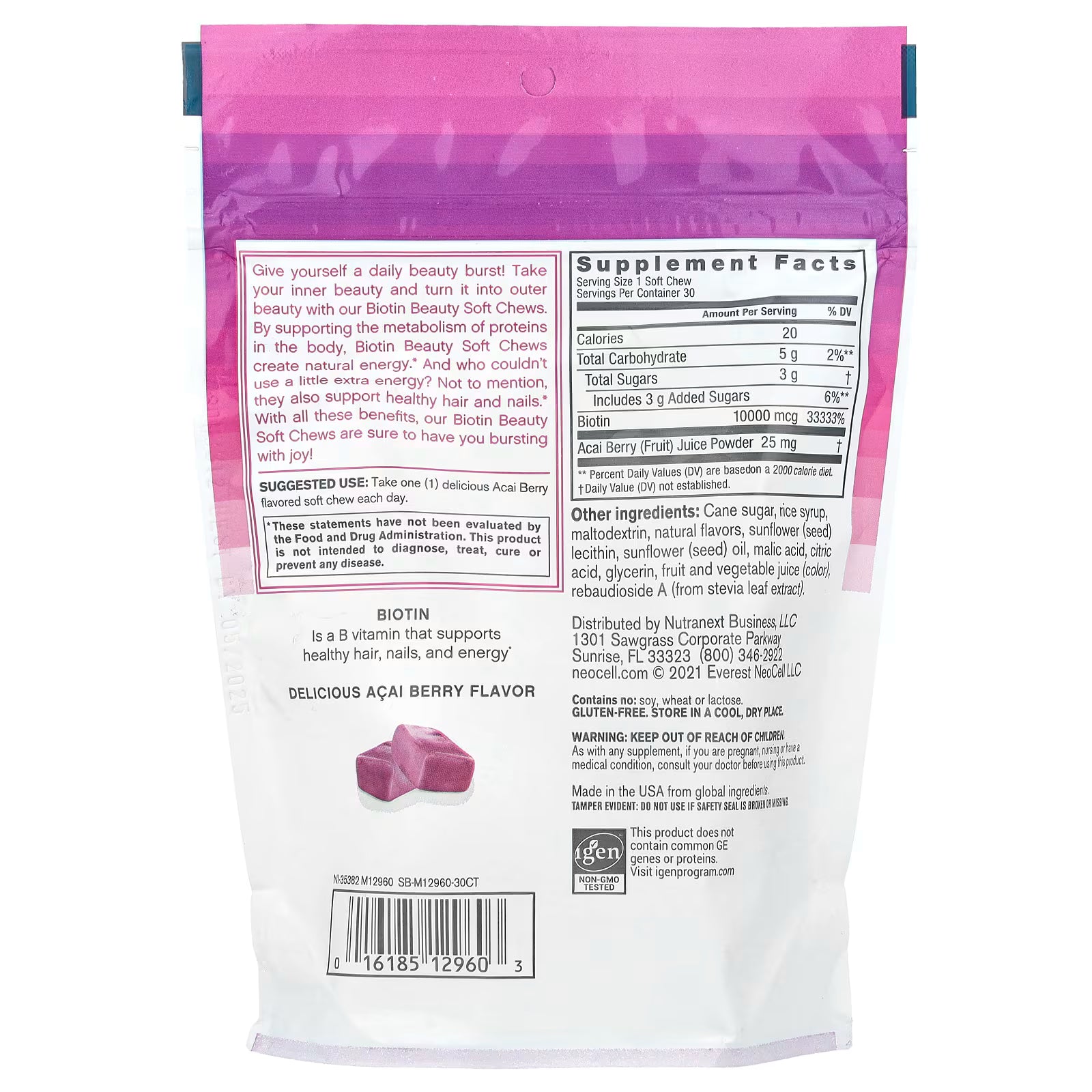 NeoCell Biotin Beauty Soft Chews Acai Berry Supplement Facts – Serving Size 1 Soft Chew, 30 Servings, Biotin 10000mcg 33333% DV, Acai Berry Juice Powder 25mg, Gluten-Free, No Soy No Wheat No Lactose, Non-GMO Tested, 30 Soft Chews
