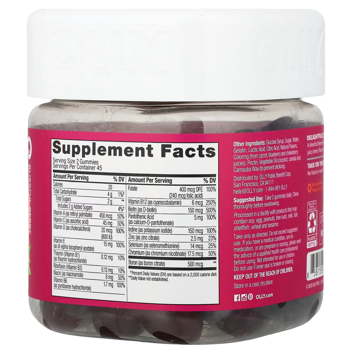 OLLY Women's Multi Supplement Facts – Serving Size 2 Gummies, 45 Servings – Vitamin D 800IU, Folate 400mcg, Biotin 150mcg, B12, Zinc, Selenium – Distributed by OLLY Public Benefit Corp – docxora.com Pakistan
