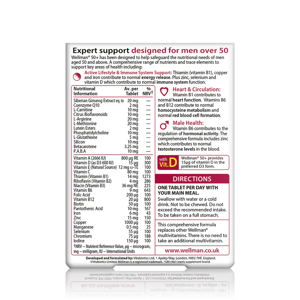 Vitabiotics Wellman 50+ — Back Panel showing 30+ Nutrients Nutritional Information including Siberian Ginseng, CoQ10, Lutein Esters, Phosphatidylcholine, Vitamin D3 600IU & Zinc for Men Over 50, docxora.com Pakistan