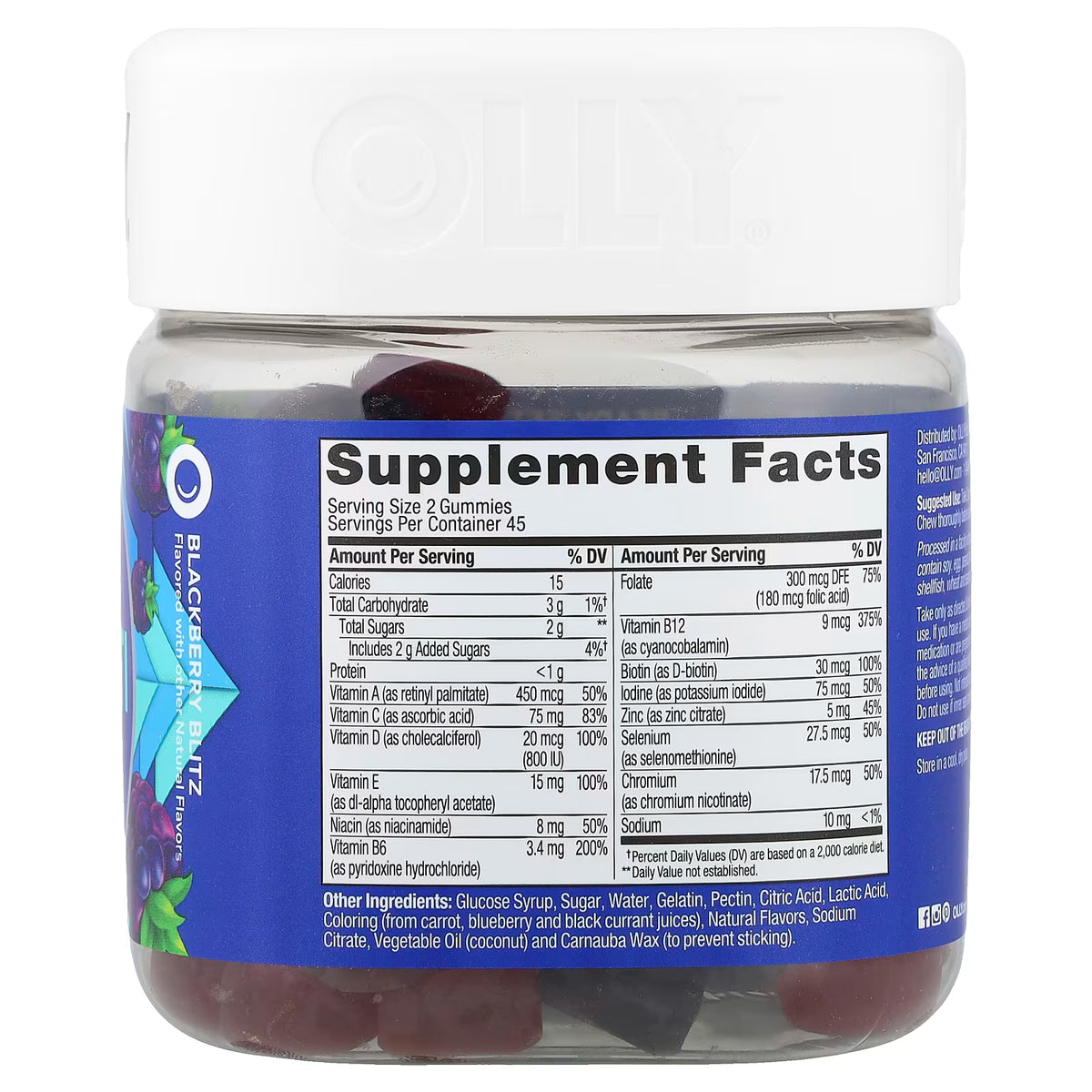 OLLY Men's Multi Supplement Facts – Serving Size 2 Gummies, 45 Servings – Vitamin D 800IU, Vitamin B6 200%, Folate 300mcg DFE, Biotin 30mcg, Zinc 5mg, Selenium – docxora.com Pakistan
