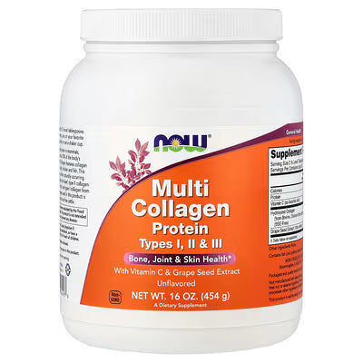 NOW Multi Collagen Protein Unflavored 454g - Types I, II & III with Vitamin C & Grape Seed Extract for Bone, Joint & Skin Health - NOW Foods USA
