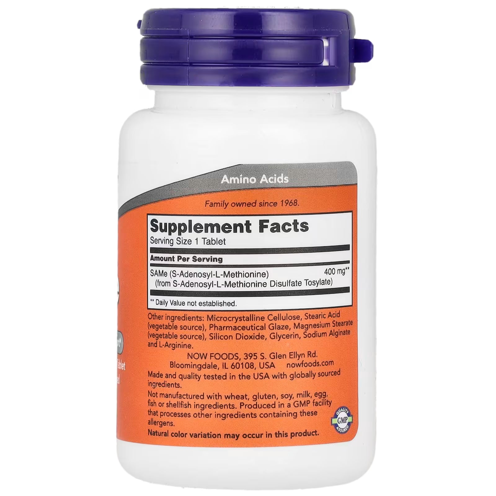 NOW Foods SAMe 400mg Supplement Facts – SAMe (S-Adenosyl-L-Methionine) 400mg per Tablet – Amino Acids – GMP Certified, Made in USA – Family Owned Since 1968 – docxora.com Pakistan