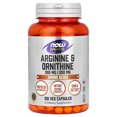 NOW Sports Arginine & Ornithine 500mg/250mg 100 Veg Capsules - Amino Acids - Protein Metabolism, Nitric Oxide Promoter, Urea Detox - Vegan - USA Imported at docxora.com