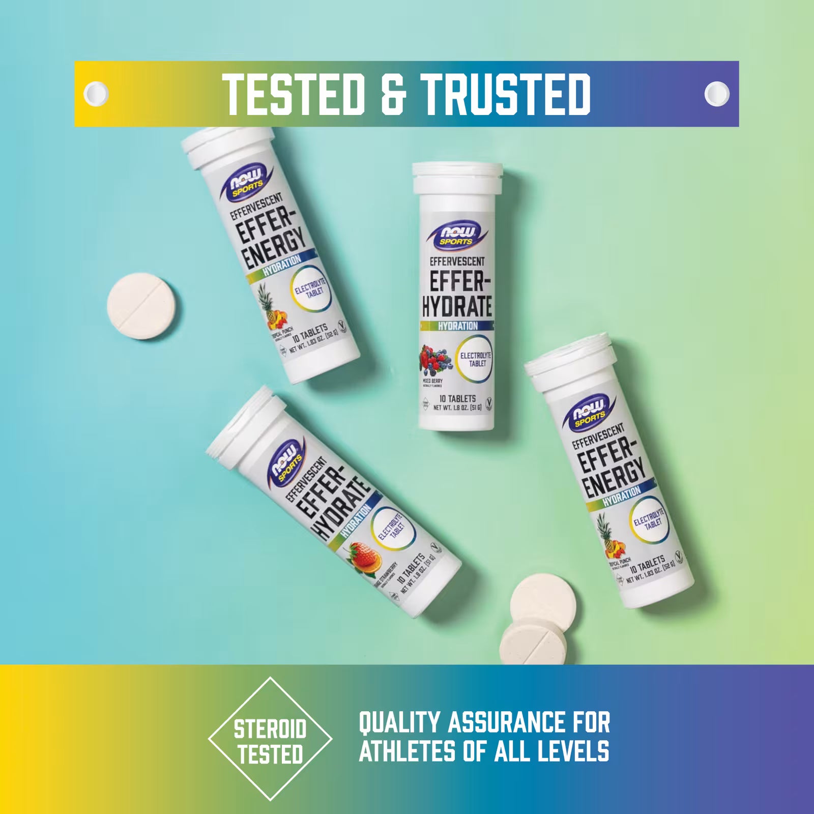 NOW Sports Effer-Hydrate & Effer-Energy Effervescent Electrolyte Tablets - Tested & Trusted - Steroid Tested Quality Assurance for Athletes of All Levels - Mixed Berry Strawberry Tropical Punch - docxora.com