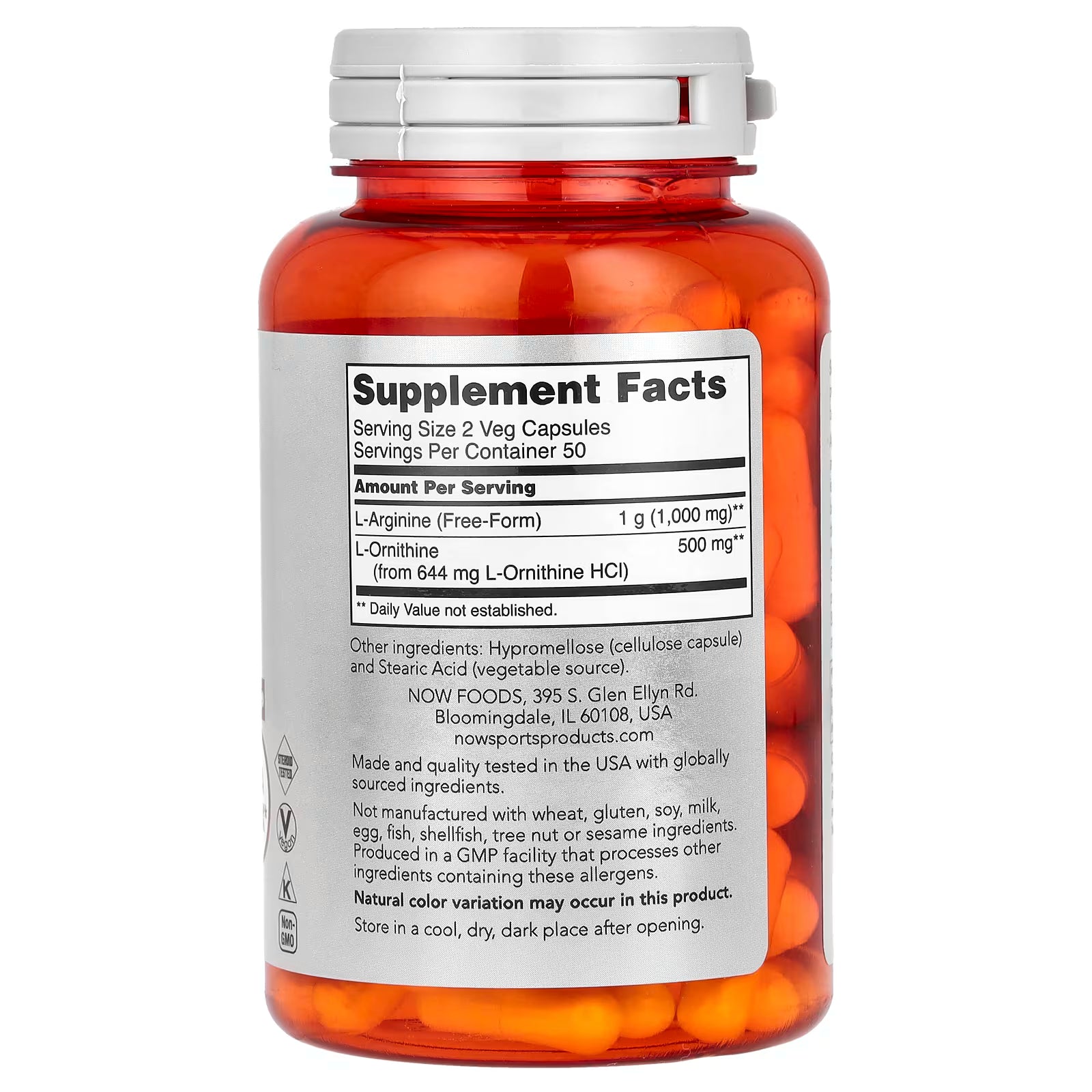 NOW Sports Arginine & Ornithine Supplement Facts - L-Arginine 1000mg Free-Form & L-Ornithine 500mg from L-Ornithine HCl - 50 Servings - Vegan Non-GMO GMP Certified - docxora.com