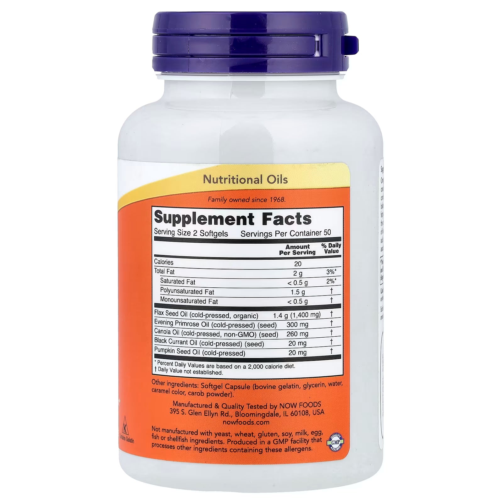 NOW Foods Omega 3-6-9 1000mg Supplement Facts – Flax Seed Oil 1400mg, Evening Primrose Oil 300mg, Canola Oil 260mg, Black Currant Oil 20mg, Pumpkin Seed Oil 20mg, GMP Certified, Made in USA – docxora.com

