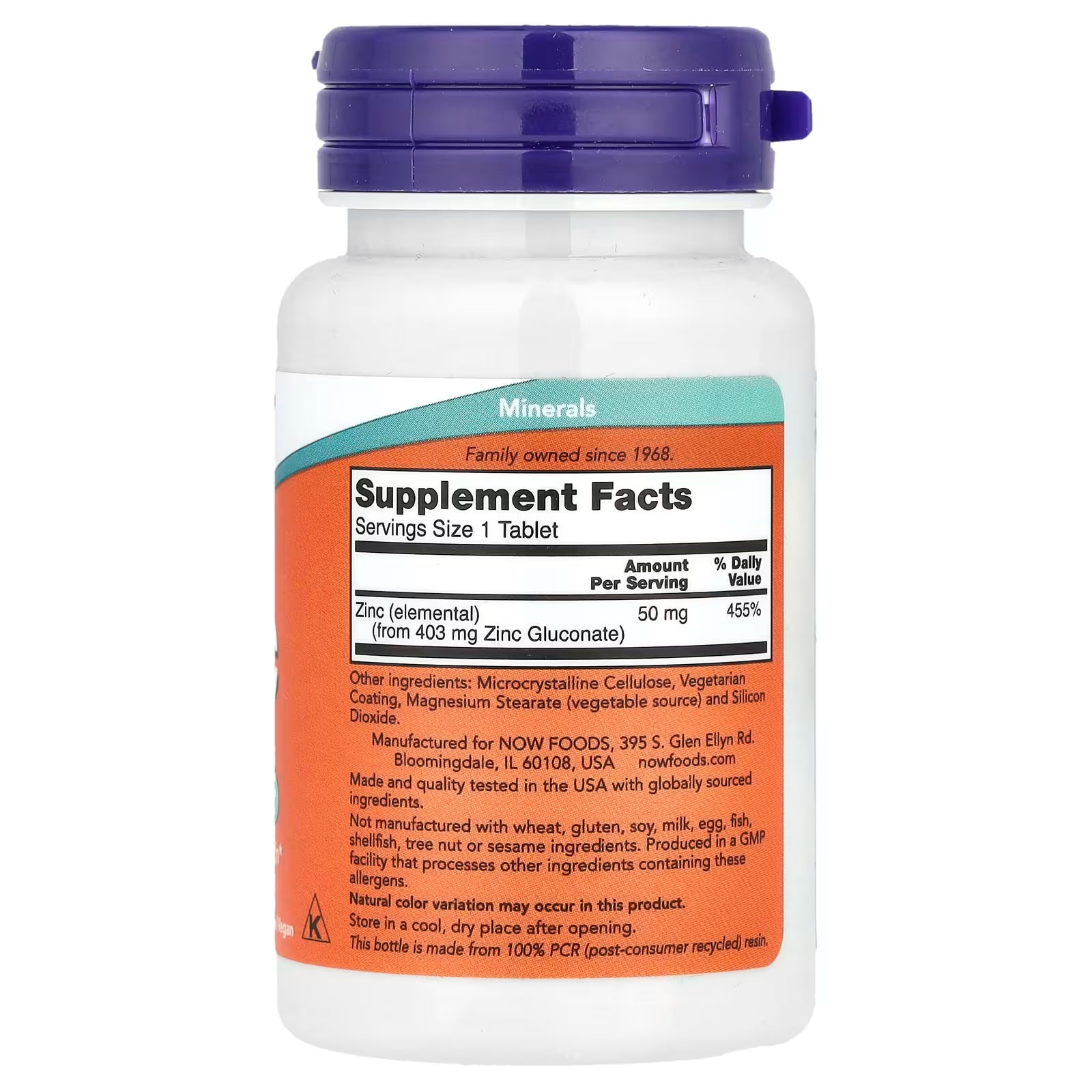 NOW Foods Zinc 50mg Supplement Facts – Serving Size 1 Tablet, Zinc Elemental 50mg (from 403mg Zinc Gluconate) 455% DV, GMP Certified, Made in USA – docxora.com
