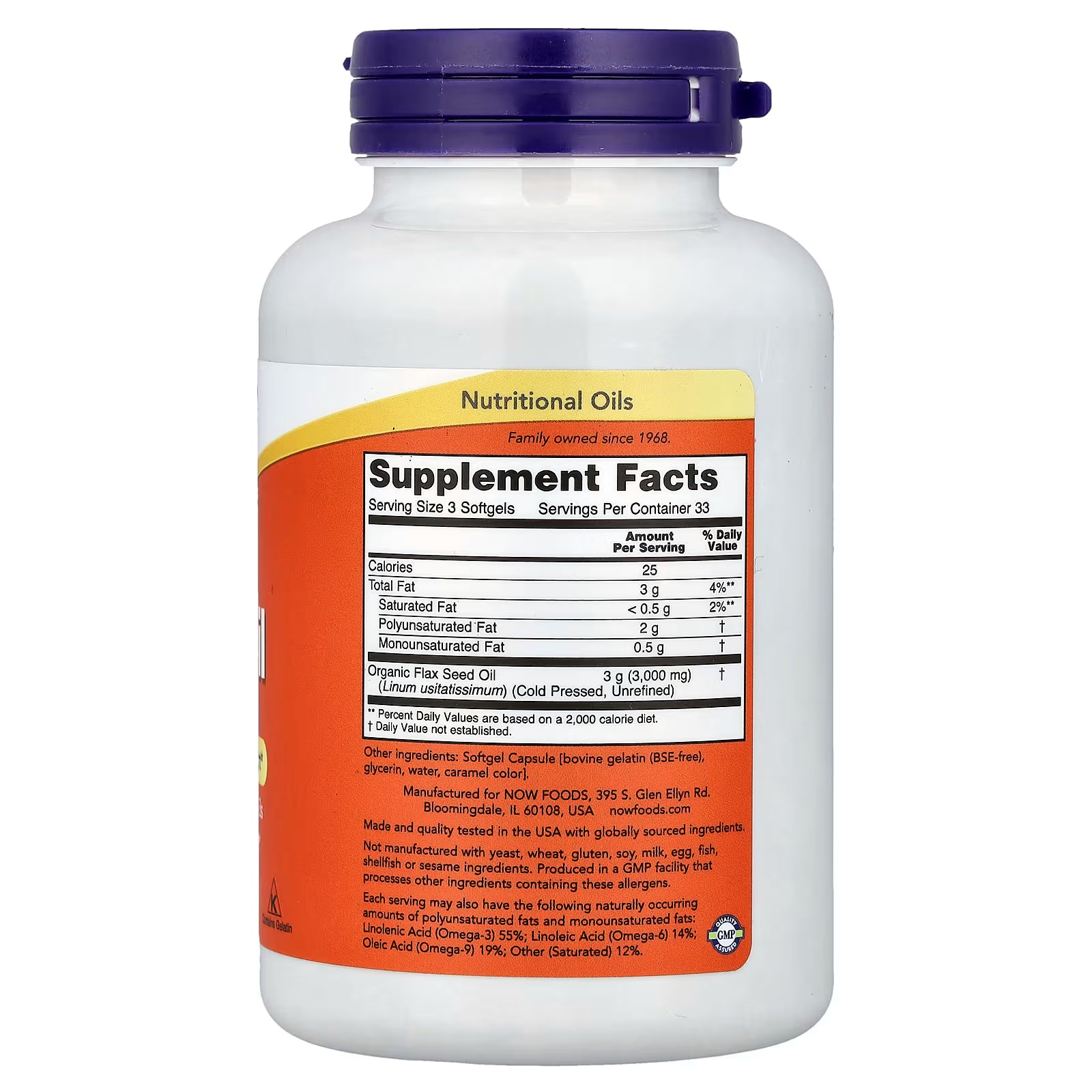 NOW Foods Flax Oil 1000mg Supplement Facts – Organic Flax Seed Oil 3000mg per Serving, Omega-3 55%, Omega-6 14%, Omega-9 19%, GMP Certified, Made in USA – docxora.com
