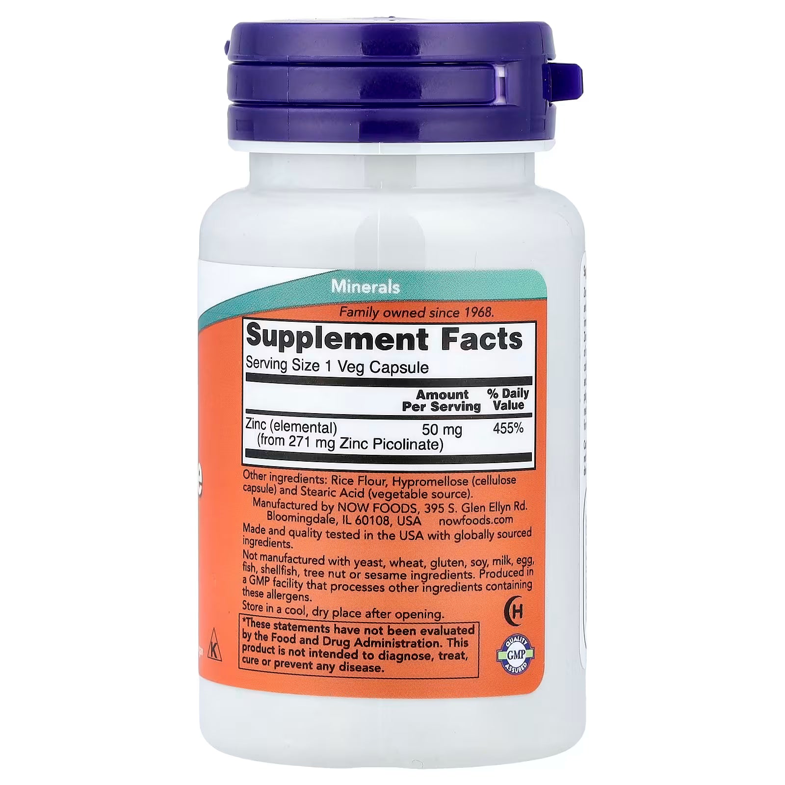 NOW Foods Zinc Picolinate 50mg Supplement Facts – Zinc (elemental) 50mg from 271mg Zinc Picolinate, GMP Certified, Made in USA – docxora.com
