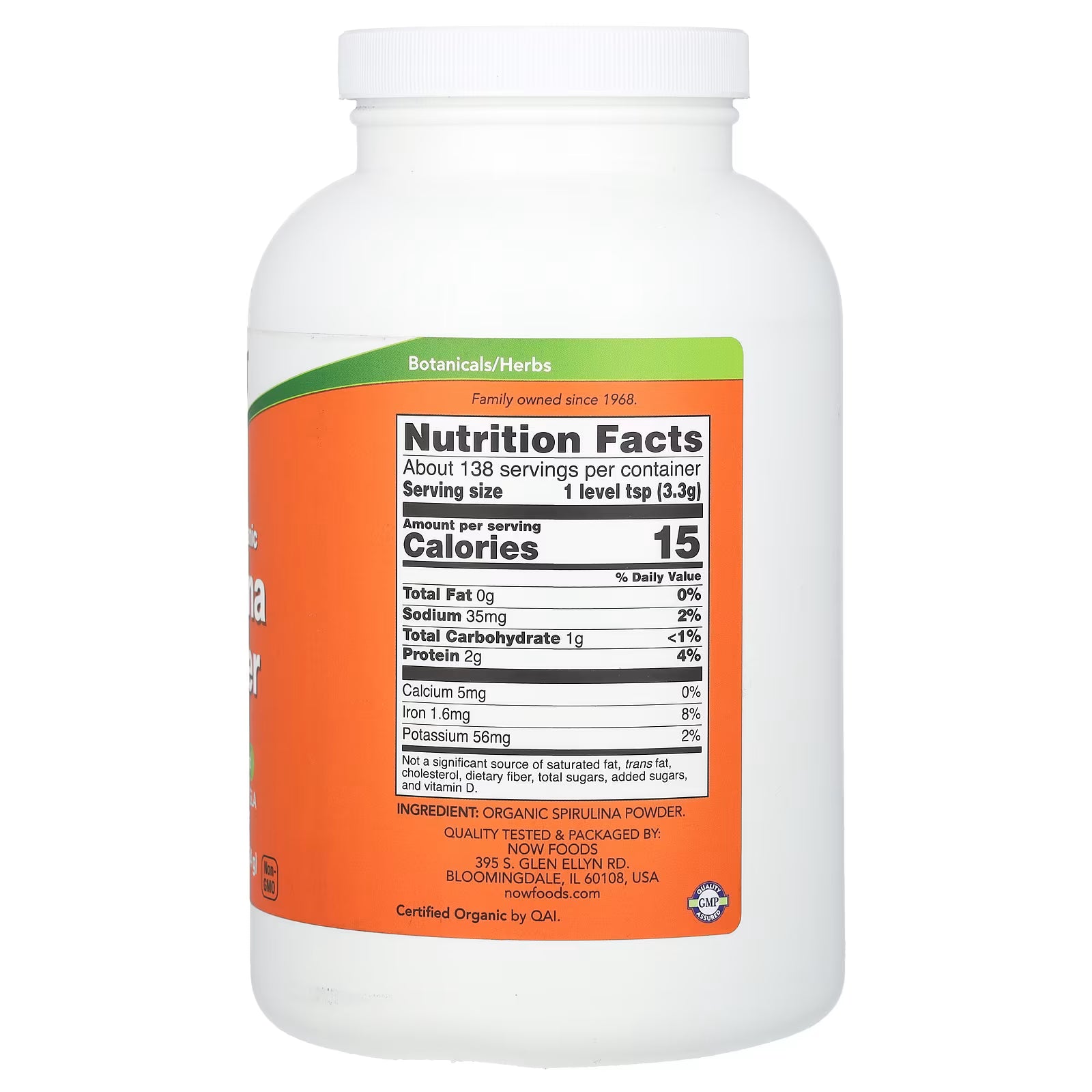 NOW Foods Organic Spirulina Powder Nutrition Facts – Serving Size 1 tsp (3.3g), 138 Servings, 15 Calories, Protein 2g, Iron 1.6mg (8% DV), GMP Quality Assured, Certified Organic by QAI – docxora.com Pakistan
