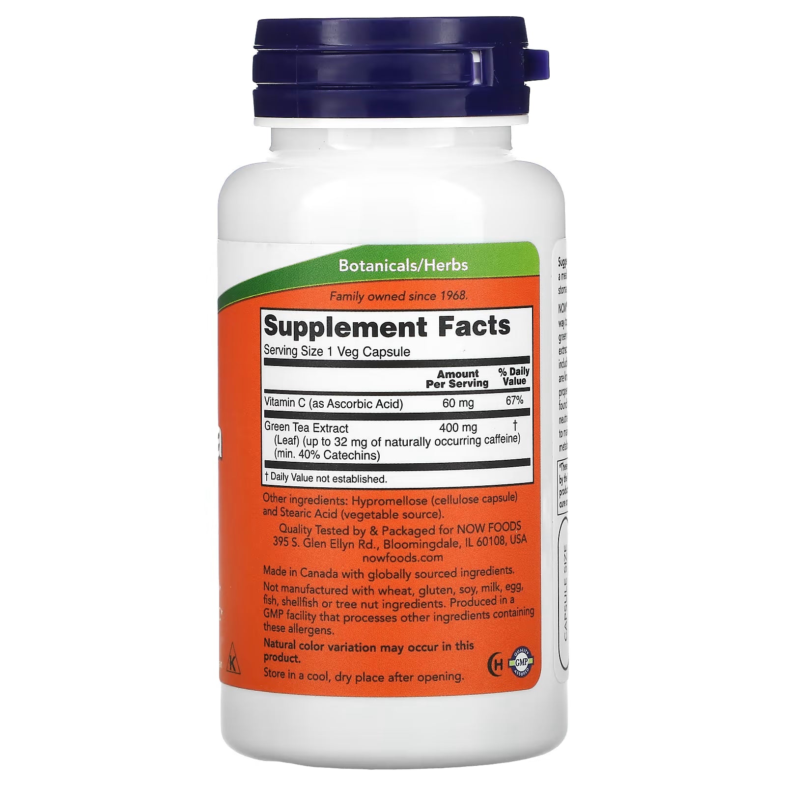 NOW Foods Green Tea Extract 400mg Supplement Facts - Vitamin C 60mg, EGCG, 40% Catechins - Made in Canada