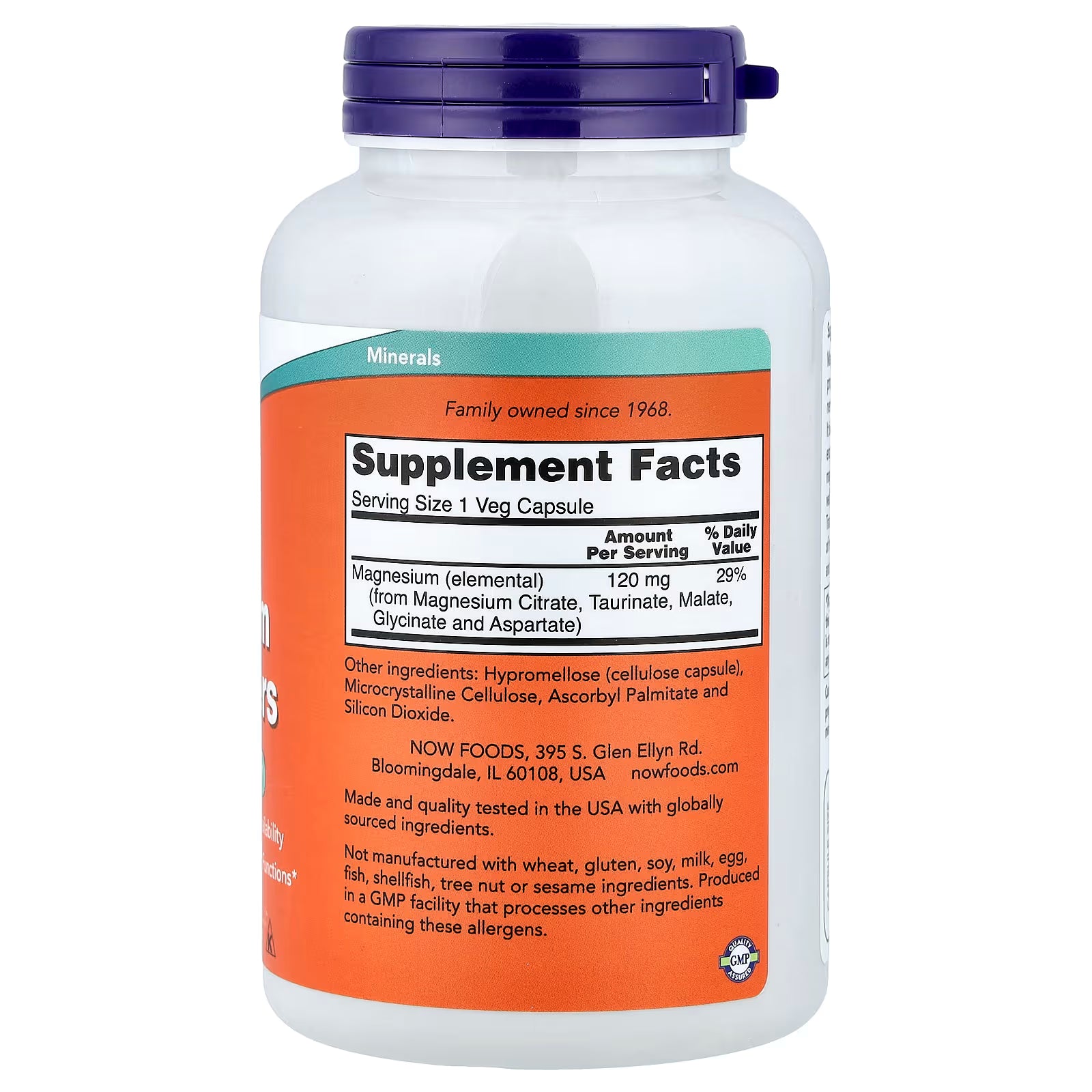 NOW Foods Magnesium Transporters Supplement Facts – 120mg Elemental Magnesium per Capsule from Citrate, Taurinate, Malate, Glycinate & Aspartate – GMP Certified, Made in USA – docxora.com
