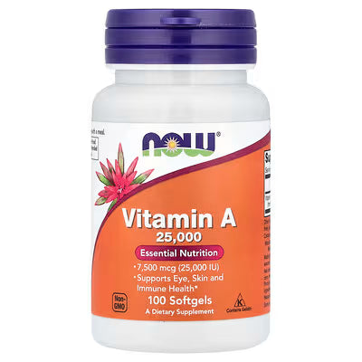 NOW Foods Vitamin A 25000 IU 100 Softgels - Essential Nutrition - 7500mcg Supports Eye Skin and Immune Health - Non-GMO - USA Imported at docxora.com