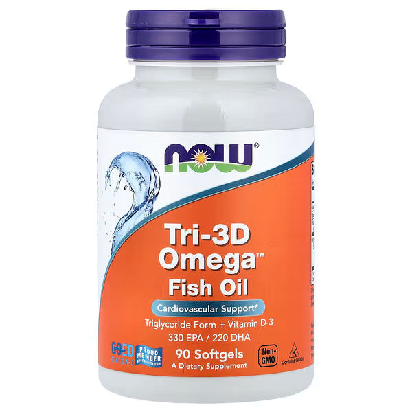 NOW Tri-3D Omega Fish Oil 90 Softgels - Cardiovascular Support, Triglyceride Form + Vitamin D-3, 330 EPA / 220 DHA, Non-GMO - Buy in Pakistan at docxora.com
